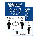 PrintAttack P034 2er Set Hinweis-Aufkleber FFP2-Maskenpflicht, Abstand halten, Corona Aufkleber, DIN A4 (21x29,7cm) (V2 Blau)