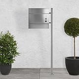 ECD Germany Standbriefkasten mit Zeitungsfach, Design Briefkasten mit Pfosten, Standfuß freistehend, Briefkastenanlage, Briefkastenständer Silber Edelstahl, Postkasten Silber Stahl matt gebürstet