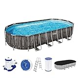 Bestway Power Steel Frame Pool Komplett-Set mit Filterpumpe 732 x 366 x 122 cm , Holz-Optik (Mooreiche), oval