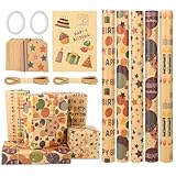 Geschenkpapier Set 5 Rollen, Ambesty 3m x 43 cm Geschenkpapier Geburtstag und 2 Rolle Band, Geschenk Papier zum Männer Frauen Mädchen Junge, Natur Geburtstagspapier für Kindertag, Valentinstag