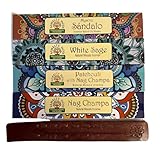 Namaste Räucherstäbchen-Set mit Buddha-Räucherbrenner aus Holz, Patchouli & Nag Champa, Nag Champa, Sandelholz, Weißer Salbei, 48 Stück