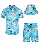 SPKPKEY Hawaii-Hemd und Shorts für Herren 2-teilig, Lässig Button-Down-Shirts Sommer Strand Outfits mit Hüten (Himmelblauer Flamingo, 3XL)