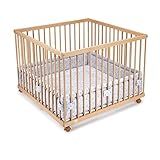 FabiMax Baby Laufgitter 100x100 Natur, stufenlos höhenverstellbar, mit Schlupfsprossen, Laufstall aus massivem Buchenholz (Graue Blümchen)