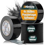 Hinrichs Panzertape schwarz - 4 Rollen 50m x 50mm Gewebeband - extra starkes Klebeband - wasserdichtes Panzerband - breites Gewebeklebeband schwarz - power Duct Tape für Innen und Außen