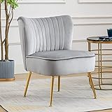 Wahson Samt Sessel Wohnzimmer moderner Loungesessel Geplosterter Ohrensessel mit goldenen Metallbeine für Wohnzimmer/Schlafzimmer, Grau