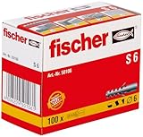 fischer Spreizdübel S 6, Dübel mit 2-fach-Spreizung zum Befestigen von Bildern, Briefkästen, Leuchten, uvm. in Beton, Vollziegel und Naturstein, 100 Stück