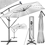 tillvex® Alu Sonnenschirm Rechteckig Ø 330 cm mit LED Solar + Abdeckung mit Kurbel | Ampelschirm mit Ständer & Windschutz | Gartenschirm UV-Schutz, wasserdicht, 360° drehbar | Kurbelschirm Marktschirm