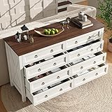 Lcoho Kommode, Weißes Sideboard, Esszimmerschrank im Vintage-Stil, mit Aluminium-Schubladengriffen, Walnussfarbene Arbeitsplatte, für Schlafzimmer, Wohnzimmer (Weißes+8 geräumige Schubladen)