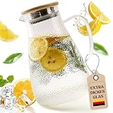 Happy Lemuro Glaskaraffe mit Deckel | Wasserkaraffe 1,9 Liter, aus verstärktem Glas | Glas Karaffe für heiße und kalte Getränke | Teekanne | Wasserkrug mit Deckel aus Bambus | Krug