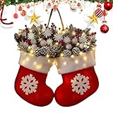 Weihnachtsdeko Türkranz, Hängende Weihnachtskranz Haustür Türkranz Weihnachten Außen mit LED, Weihnachtstürkranz für Haustür, Fenster, Wand Hängende Deko Mit Roten Beeren Tannenzapfen Zweigen