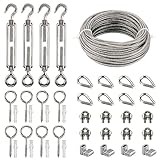 Drahtseil Edelstahl Set, 20M Kletterhilfe Stahlseil mit Spannschlöss Seilspanner M5 Haken+Öse, Ösenschraube, Drahtseilklemmen,Seilkauschen,Alu Seilklemmen,Rankhilfe aus Edelstahl für Kletterpflanzen