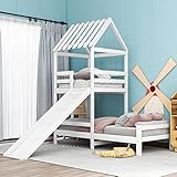 Kayan Rutschbett mit mit rechtwinkliger Leiter, Hausbett mit Dach, Kinderbett, Spielturmbett mit Fallschutz und Gitter, Rahmen aus massiver Kiefer, weiß (200x90cm & 100x90cm)