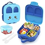 Bento Box, Brotdose Kinder mit 4 Fächern Kindergarten Lunchbox Auslaufsicher mit Saucenglas Löffel Gabel Vesperdose für Mikrowellen Spülmaschinen für Schule und Picknick (Blau)