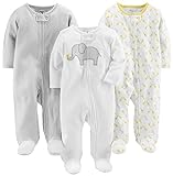 Simple Joys by Carter's Unisex Baby 3-Pack Neutral Sleep and Play Kleinkindschläfer, Hellgrau Ministreifen/Weiß Elefant/Giraffe, 6-9 Monate (3er Pack)