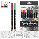 int!rend Textilstifte waschmaschinenfest 25er Set - Textilfarbe Textilmarker - 20 bunte Stoffmalfarben waschfest und 5 Schablonen - Stoffmalfarbe Stoffmalstifte Textilfarben