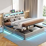 Polsterbett Doppelbett 140x200 cm, Hydraulisches Bett 140x200 mit Bettkasten und Lattenrost, Staufach-Kopfteil mit LED und USB Ladestation, Stauraumbett Funktionsbett aus Massivholz und Samt