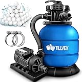 tillvex® Sandfilteranlage Pool 7.900L/h inkl. 400g Filterbälle | Filteranlage 7-Wege Ventil & 2in1 Adapter Ø32mm - 38mm | Poolfilter mit Druckanzeige | Sandfilter für Schwimmbecken (Blau)