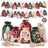 DazSpirit Adventskalender zum Befüllen 2025, DIY Säckchen, 24 Groß Stoffbeutel, Adventskalender Selber Befüllen für Kinder & Erwachsene, Säckchen mit Holzklammern und Hanfseil