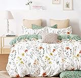 Lanqinglv Bettwäsche 135x200 cm Grün Weiß Blätter Blumen Muster Pflanzen Wende Bettwäsche Set Bunt Microfaser Allergiker Bettwäsche mit Reißverschluss und Kissenbezug 80x80 cm
