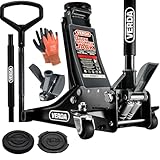 Wagenheber 3T, 75-505 mm + 2X Gummiauflage + Montagehandschuhe D-Griff Extra Flacher Rangierwagenheber mit Doppelkolben Doppelpumpsystem und Fußschnellhub Fußpedal Auto Heber Unterstellbock