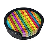 Farbiges Holzbrett-Druck-Set mit 6 runden Leder-Untersetzern, eleganter Tischschutz für Zuhause, Büro, Dekoration