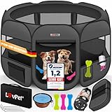 LOVPET® Welpenlaufstall Tierlaufstall Faltbar für Kleintiere Hunde, Katzen Inkl. Hundenapf und Fleece Decke Hundelaufstall Freigehege Oxfordgewebe Pop-up System Indoor & Outdoor, Anthrazit/Schwarz