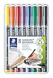 STAEDTLER permanenter Universalstift Lumocolor, wisch- und wasserfest, sekundenschnell trocken, nachfüllbar, Linienbreite 1 mm, 8 Marker in sortierten Farben in stabiler STAEDTLER-Box, 317 WP8