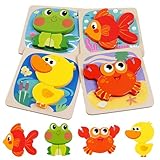 SHUCHING 4er-Set Holzpuzzle, Holzspielzeug Kinderspielzeug, Steckpuzzle Holz Montessori Spielzeug für Baby, Tier Holzpuzzle Puzzle Kleinkind Lernspielzeug für Kinder-Frosch Krabbe Ente Goldfisch