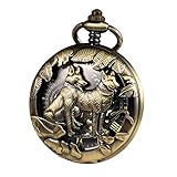 TREEWETO Unisex Taschenuhr mit Kette Analog Mechanisch Handaufzug Wolf wölfe Skelett Hohl Fall Für Mann Damen mit Kette & Geschenk-Box, Bronze