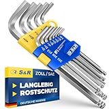 S&R Innensechskantschlüssel Satz HX,13-tlg mit Kugelkopf, Innensechskant LANG, 0,05 Zoll bis 3/8 Zoll in Kunststoffclip, Cr-V-Stahl gehärtet, Korrosionsschutz, in Kunststoffclip