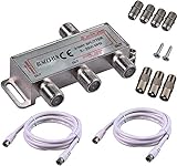 RUNCCI-YUN 3-Fach TV Radio F-Stecker Adapter Kabel Antennen Verteiler SAT Splitter Metall TV-Verteiler 5-2500MHz inkl. Adapter + Kabel + 3 x F Stecker auf Koax Stecker + 4 x F Buchse auf Koax Kupplung