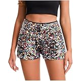 Leopard Hotpants Pailletten Mini Shorts Damen Skinny Kurz Hose Rave Hose Mit Pailletten Perlen Hohe Taille Shorts Festivals Outfits Booty Hot Pants Sparkly Tanz Short Party (X1-Multicolour, S)