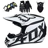 Motorradhelm - Motocross Helm Set - Dirt Bike Fullface Offroad Motorrad Helm mit Schutzbrille Geeignet für Kinder von 5 Bis 14 Jahren mit Fox Design - Schwarz-Weiss - S/M/L/XL,L