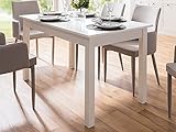 möbelando Esszimmertisch 4-Fuß mit Auszugfunktion in weiß, Stoß und kratfest, Platz für bis zu 6 Personen - 120 (160) x 76,5 x 70 cm (B/H/T) Auszugtisch, Holztisch, Esstisch, Küchentisch
