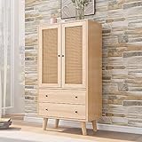 Sweiko Kommode mit 2 Türen und 2 Schubladen, Rattan Türkommoden mit Schubkasten, Sideboard Highboard Schubladenkommode Holz Mehrzweckschrank für Flur Schlafzimmer Wohnzimmer Esszimmer