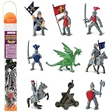 Safari Ltd. Ritter & Drachen Set - Set mit 10 Miniaturfiguren: Rote & Blaue Königsritter, Katapult und Grüner Drache - Geschichts-Lernspielzeugfiguren für Jungen, Mädchen & Kinder ab 3 Jahren