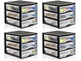 Hausfelder Schubladenbox A5, 4 Schubladencontainer mit jeweils 3 Schubladen aus Kunststoff, Schubladenschrank für Büro, Regal, Bastelmaterial, durchsichtig, Schwarz Transparent