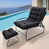OVLRIJP Loungesessel Outdoor, Balkonsessel Liegestuhl Gartenliege, Relaxsessel Garten mit Hocker, Auflage Abnehmbar, 5-Positionen Liegefunktion, Relaxliege für Garten,Terrasse (Schwarz mit Hocker)