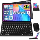 Tablet 11 Zoll Android 13 mit 16 GB RAM + 256 GB ROM (1TB TF), 2K 2000 x 1200 IPS, 4 Lautsprecher, 3 Kameras, GPS, 5G WLAN, 18W Schnellladung, 8600mAh, Octa-Core, mit Tastatur + Maus + Hülle, Kaffee