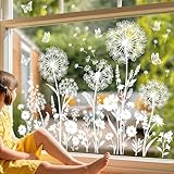 wondever Fenstersticker Weiße Löwenzahn Blume Fenster Aufkleber Pusteblumen Schmetterlinge Frühling Sommer Fensterbilder Fensteraufkleber Anti-Kollision Doppelseitig Glasaufkleber Glas Deko