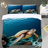 Meeresschildkröte Bettwäsche 155x220 Marines Unterwasserleben Bettwäsche-Sets, 3D Microfaser Bettbezug 3Teilig Duvet Cover mit Reißverschluss und 2 Kissenbezug 80x80cm