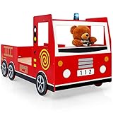 CASARIA® Kinderbett 90x200cm mit Rausfallschutz Lattenrost 100KG belastbar 3D Leuchte Sirene Lenkrad Feuerwehr Bett Jugendbett Juniorbett Autobett Rot