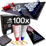 Gartenheld® 100 x Beerpong Becher XXL Set inkl.10 Bälle, Matte und Wiederverwendbare spülmaschinenfest Party Trink Cups (Rot/Blau)