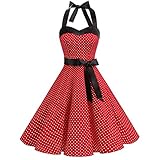 OBEEII Damen 50er 60er Jahre Kleid Vintage Cocktailkleid Neckholder 1950er Hepburn Stil Rockabilly Petticoat Kleid Rot L