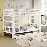 BestAlice Kinderbett Etagenbett 90x200cm, Hochbett mit Treppe und 2 Schubladen, Stockbett Spielbett Kinderhochbett Jugendhochbett mit Gitter und Rausfallschutz, Massivholz, Weiß