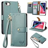 VEEMOS Handyhülle für iPhone 8/7 / iPhone SE 2020 2022 Hülle Klappbar Klapphülle Schutzhülle mit Kartenfach RFID Reißverschluss Handy Tasche Leder Flip Case Cover Handytasche Frauen - Grün