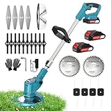 Rasentrimmer mit Akku - 4 in 1 Akku Rasentrimmer 2 Akkus 21V, 60min Laufzeit, 4 Blätter, Verstellbarer Stiel, Freischneider Akku für Gartenschneiden, Blau