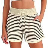 Generisch Damen Shorts Casual Streifen Design Weicher Fall Locker Sitz Gummibund mit Bindeband Funktionale Taschen Vielseitig Kombinierbar Für Freizeit