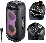 Reflexion PSX40BT Mobiler Buetooth Partylautsprecher, DJ, Karaoke, 500 Watt, FM PLL Stereo Radio, Discobeleuchtung mit Modi-Auswahl, inkl. Mikrofon, Lithium Akku