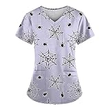 Generisch Damen Kasack Halloween Must Have Pflege Berufskleidung Lässig Kurzarm Arbeitskleidung Locker V Ausschnitt Bedruckt Krankenpfleger Taschen Casual Mode Basic Schlupfhemd(A08 Light Purple,4XL)